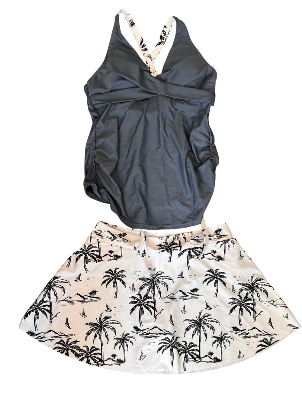 Women’s Large Gray Tropical Tankini Swim Skirt 2 Piece Swimsuit Set